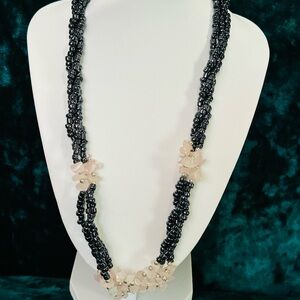 Handcrafted Black Beaded Necklace with Rose Quartz Accents